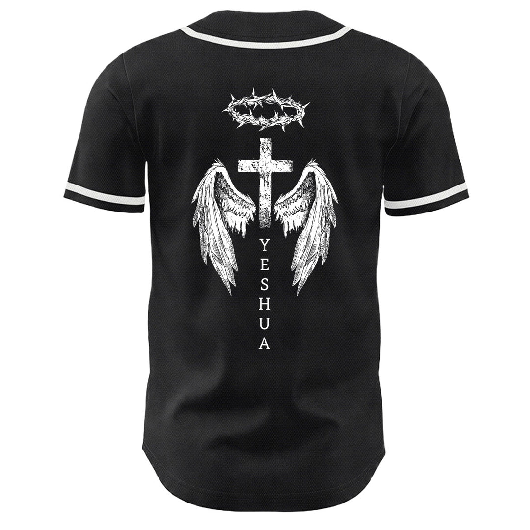 Christianartworkshop Yeshua Crown Of Thorns Cross Angel Wings Unisex Baseball Jersey - image 1