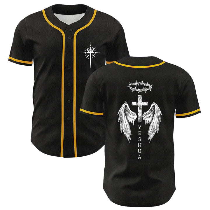 Christianartworkshop Yeshua Crown Of Thorns Cross Angel Wings Unisex Baseball Jersey - Yellow - 5XL - image 3