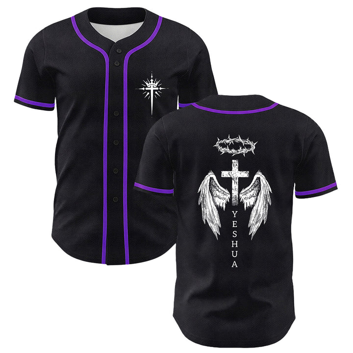 Christianartworkshop Yeshua Crown Of Thorns Cross Angel Wings Unisex Baseball Jersey - Purple - 5XL - image 21