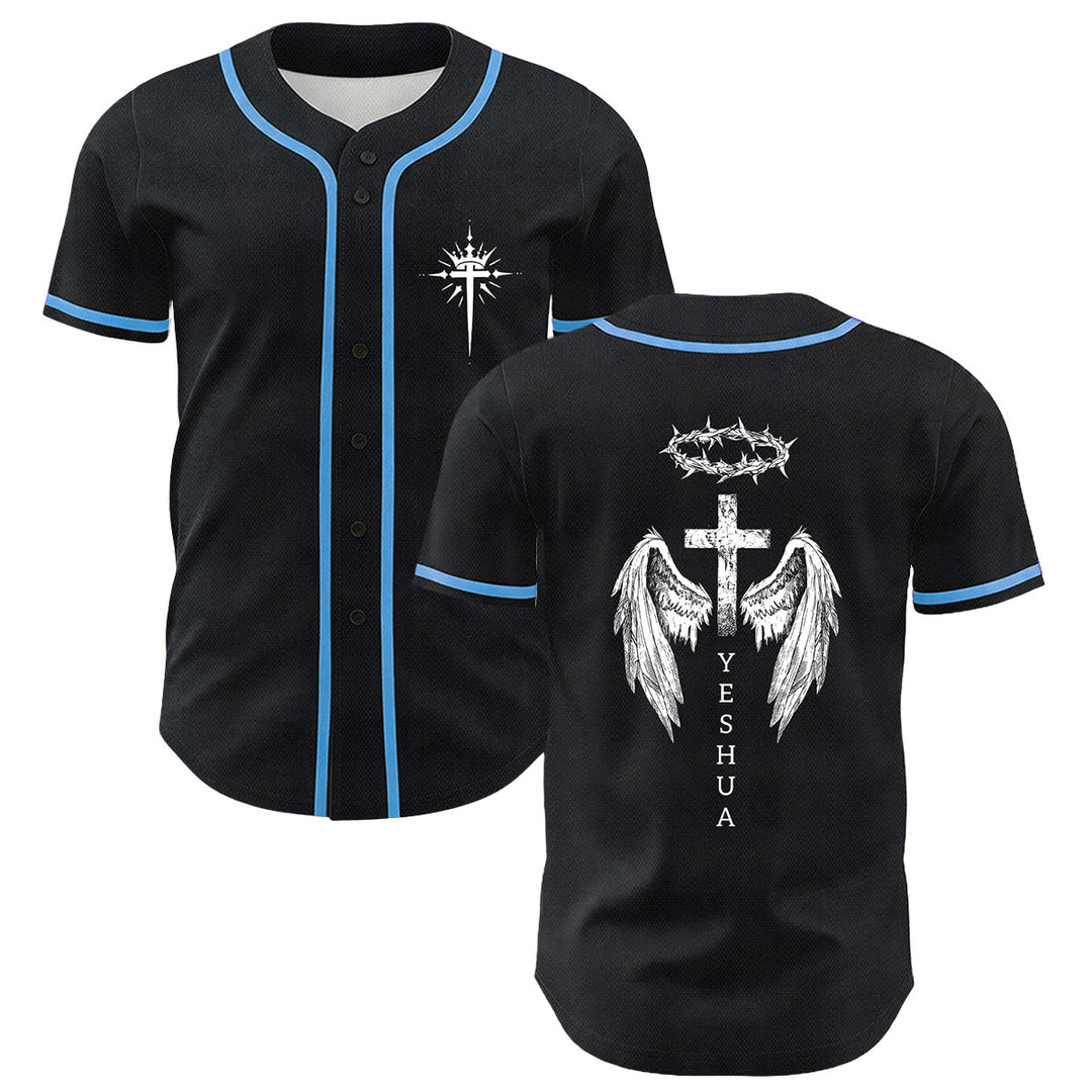 Christianartworkshop Yeshua Crown Of Thorns Cross Angel Wings Unisex Baseball Jersey - Blue - 5XL - image 6