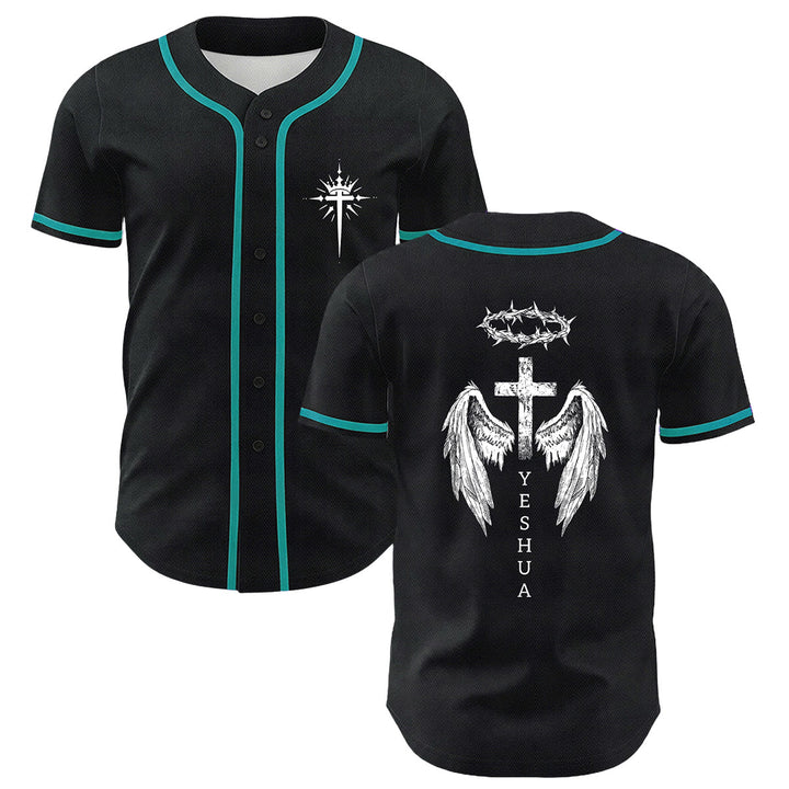 Christianartworkshop Yeshua Crown Of Thorns Cross Angel Wings Unisex Baseball Jersey - Dark Green - 5XL - image 24