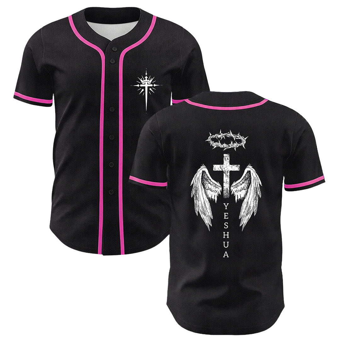 Christianartworkshop Yeshua Crown Of Thorns Cross Angel Wings Unisex Baseball Jersey - Pink - 5XL - image 9