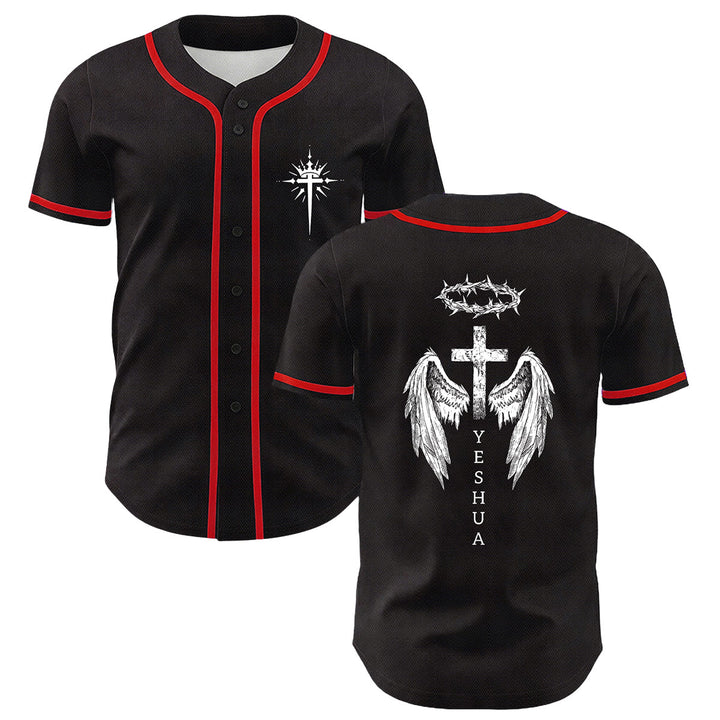 Christianartworkshop Yeshua Crown Of Thorns Cross Angel Wings Unisex Baseball Jersey - Red - 5XL - image 12