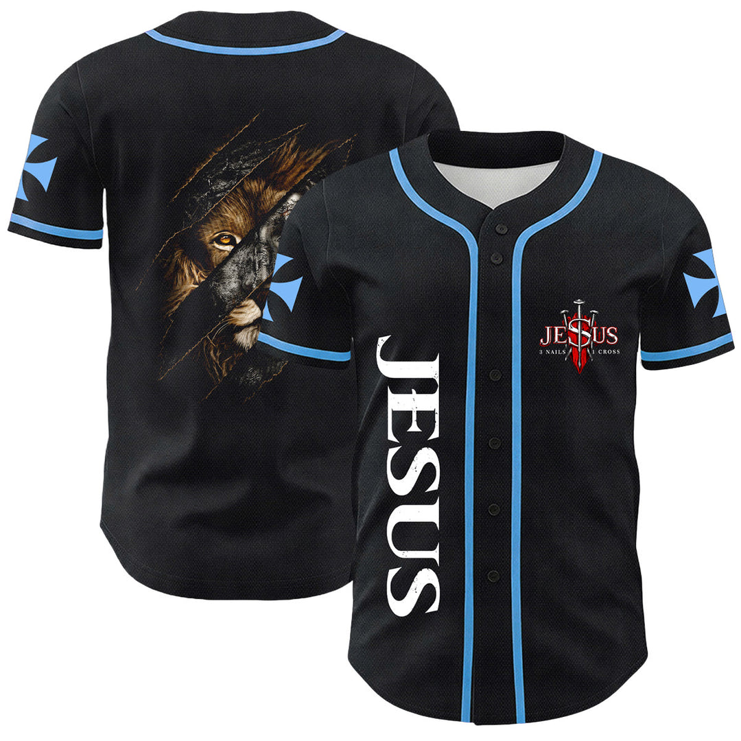 Christianartworkshop Jesus Lion Of Judah Torn Scratch 3 Nails Cross Unisex Baseball Jersey - Blue - 5XL - image 6