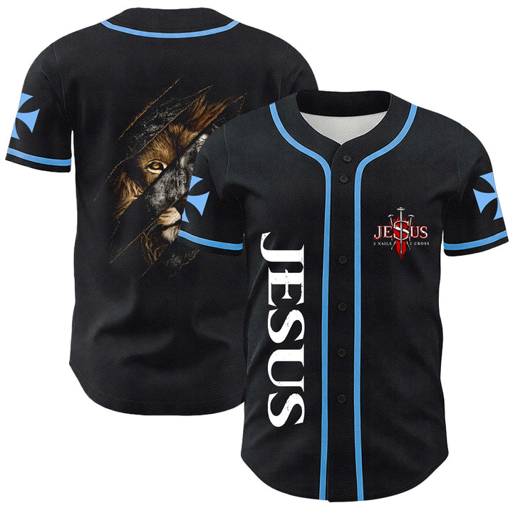 Christianartworkshop Jesus Lion Of Judah Torn Scratch 3 Nails Cross Unisex Baseball Jersey - Blue - 5XL - image 6
