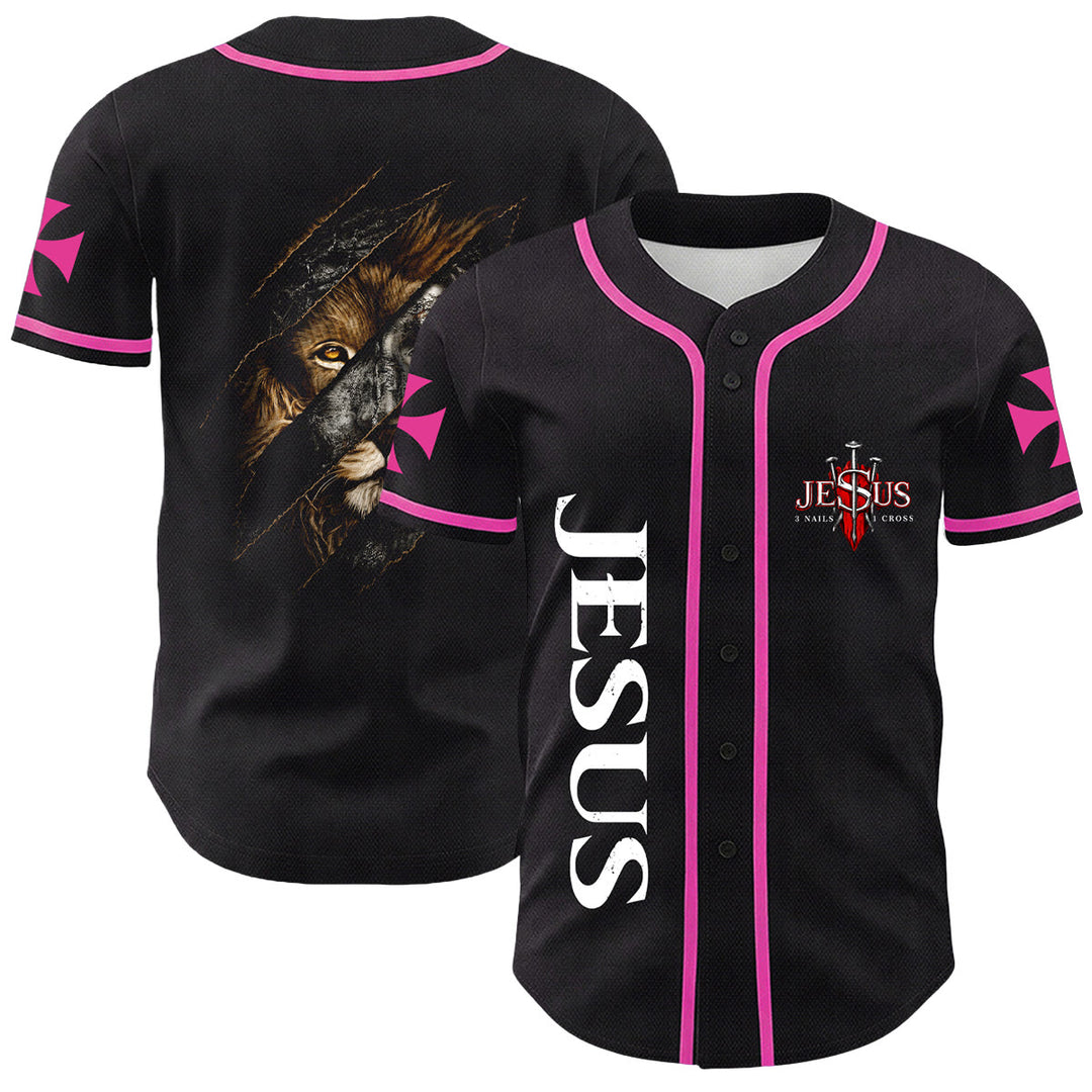 Christianartworkshop Jesus Lion Of Judah Torn Scratch 3 Nails Cross Unisex Baseball Jersey - Pink - 5XL - image 12