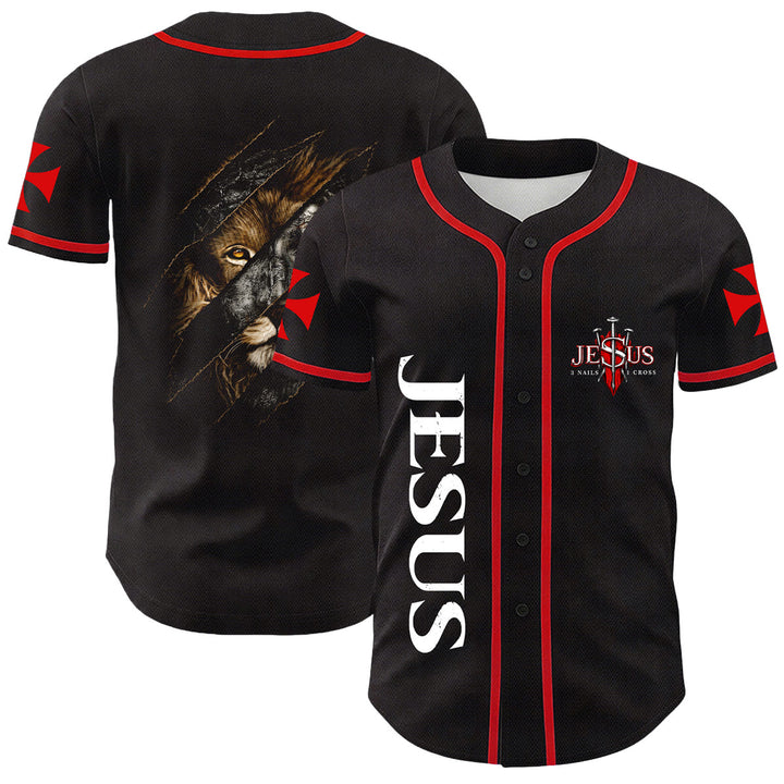 Christianartworkshop Jesus Lion Of Judah Torn Scratch 3 Nails Cross Unisex Baseball Jersey - Red - 5XL - image 0
