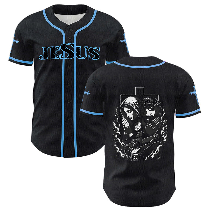 Christianartworkshop Jesus Virgin Mary Crucifix Cross Christian Unisex Baseball Jersey - Blue - 5XL - image 12