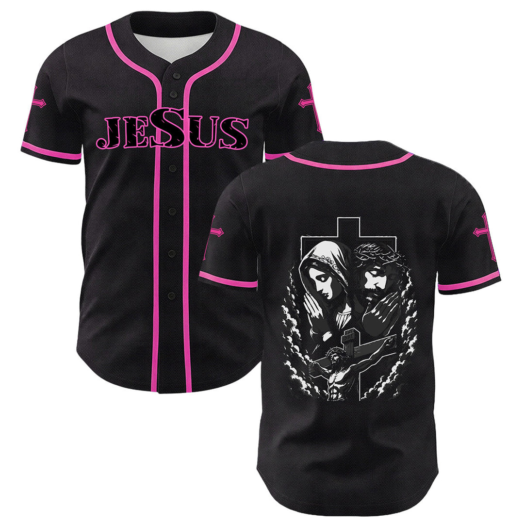 Christianartworkshop Jesus Virgin Mary Crucifix Cross Christian Unisex Baseball Jersey - Pink - 5XL - image 3