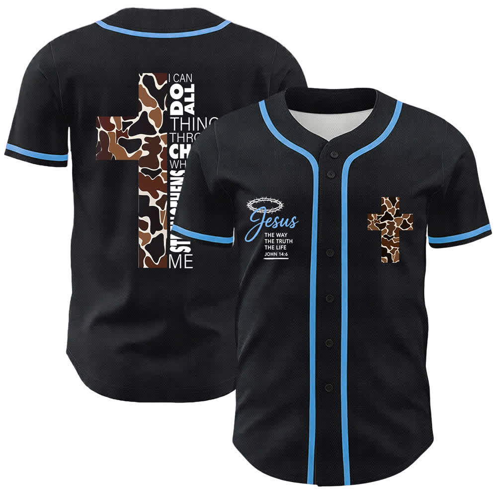 Christianartworkshop Leopard Print Cross I Can Do All Things Through Christ Unisex Baseball Jersey - Blue - 5XL - image 12
