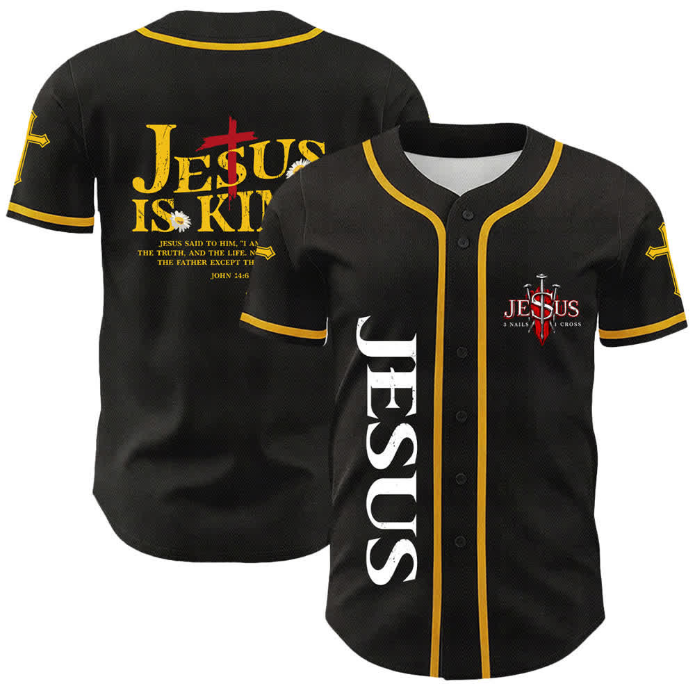 Christianartworkshop Jesus Is King John 14:6 3 Nails 1 Cross Unisex Baseball Jersey - Yellow - 5XL - image 3