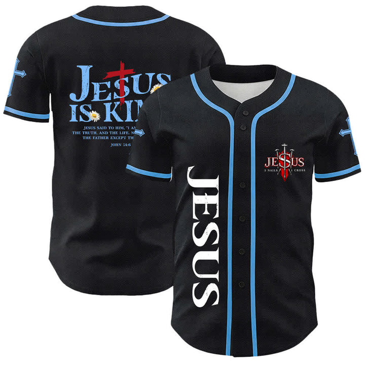 Christianartworkshop Jesus Is King John 14:6 3 Nails 1 Cross Unisex Baseball Jersey - Blue - 5XL - image 12