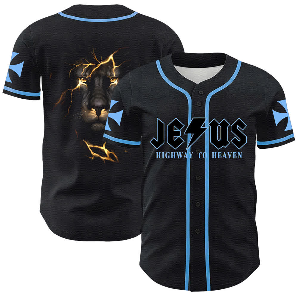 Christianartworkshop Jesus Highway To Heaven Lion Of Judah Unisex Baseball Jersey - Blue - 5XL - image 12