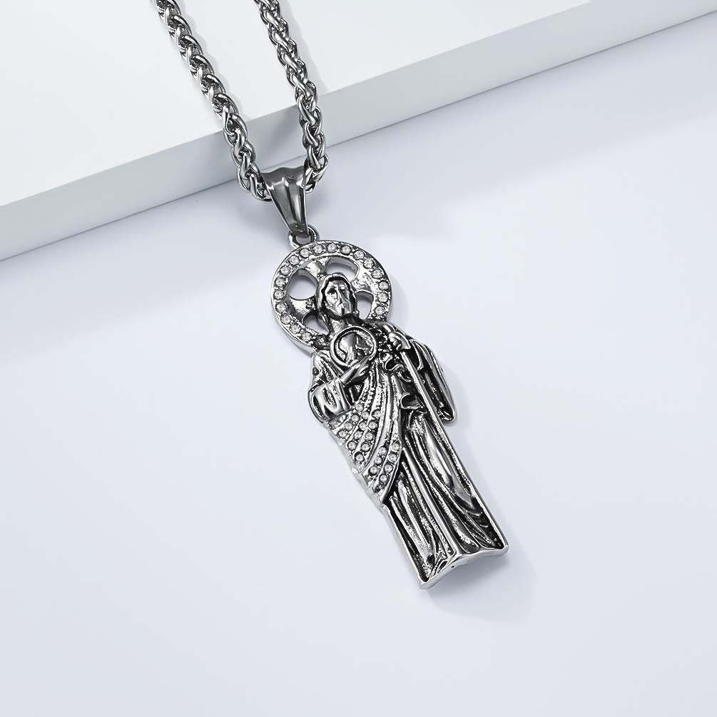 Christianartworkshop Rhinestone Halo Saint Jude Thaddeus Cuban Pendant Necklace: Emblem of Desperate Fortune Salvation - Silver - image 4