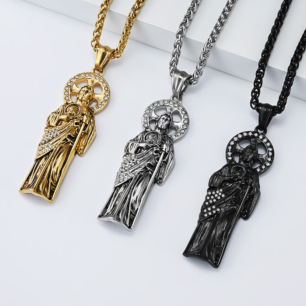 Christianartworkshop Rhinestone Halo Saint Jude Thaddeus Cuban Pendant Necklace: Emblem of Desperate Fortune Salvation - image 0