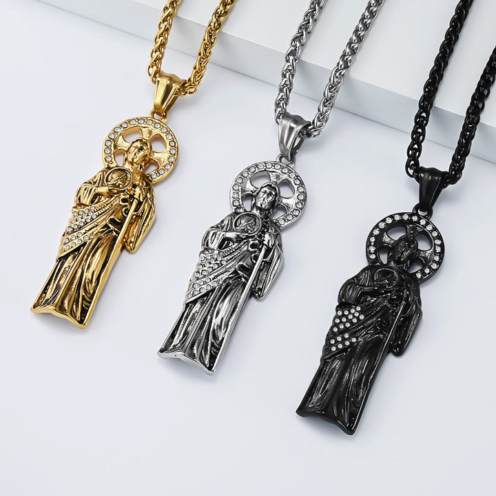 Christianartworkshop Rhinestone Halo Saint Jude Thaddeus Cuban Pendant Necklace: Emblem of Desperate Fortune Salvation - image 0