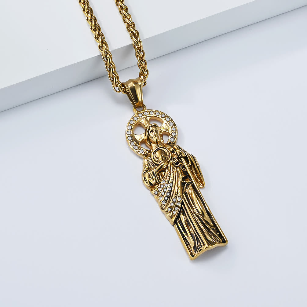 Christianartworkshop Rhinestone Halo Saint Jude Thaddeus Cuban Pendant Necklace: Emblem of Desperate Fortune Salvation - Golden - image 2