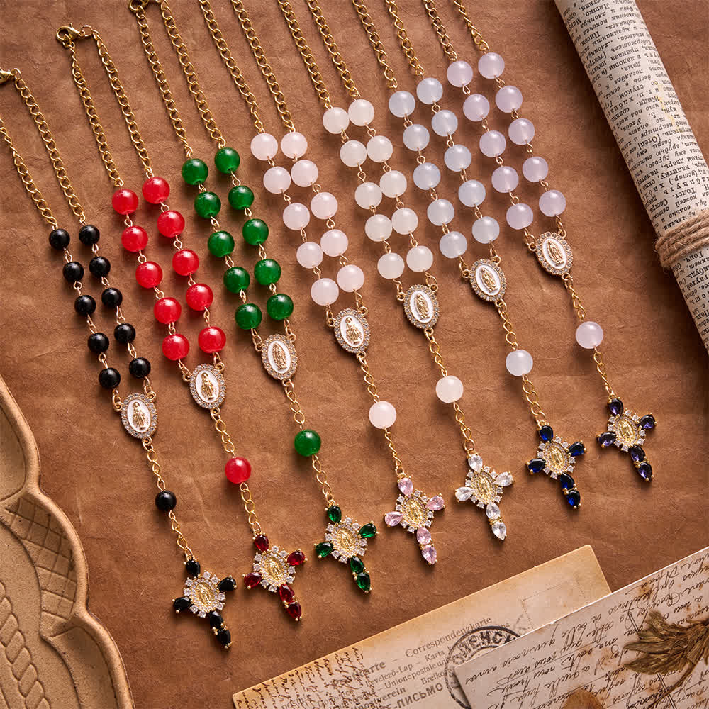 Christianartworkshop Multi-Color Stained Glass Pocket Car Rosary With Jeweled Our Lady of Guadalupe Cross - image 1