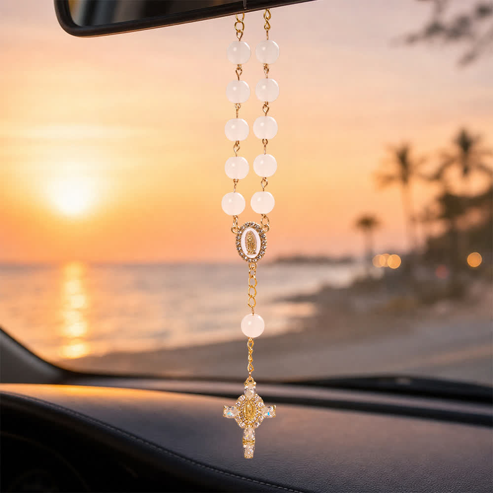 FREE Today: Multi-Color Stained Glass Pocket Car Rosary With Jeweled Our Lady of Guadalupe Cross - White - image 22