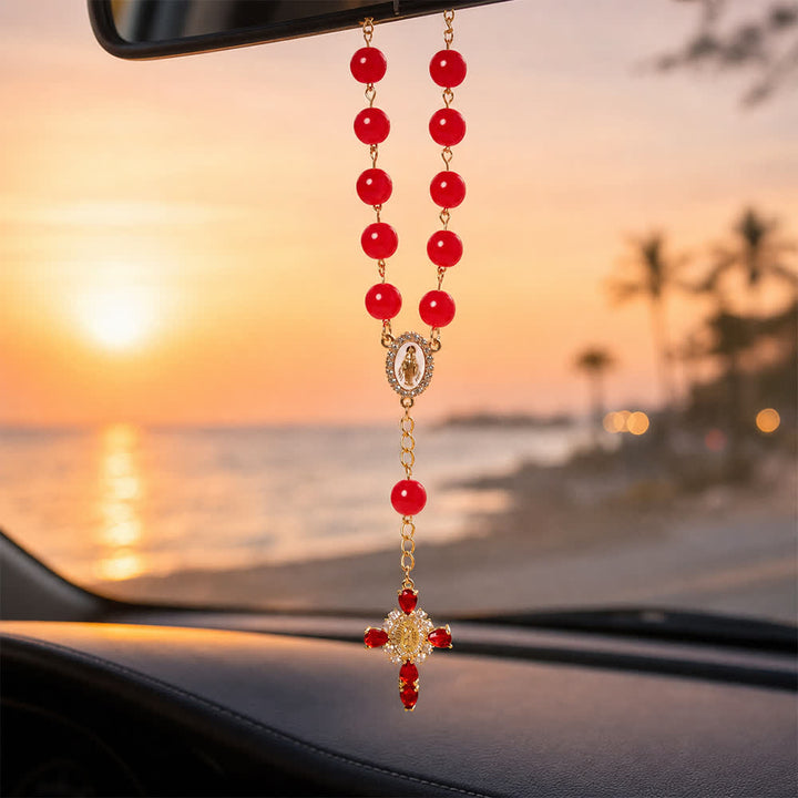 FREE Today: Multi-Color Stained Glass Pocket Car Rosary With Jeweled Our Lady of Guadalupe Cross - Red - image 0