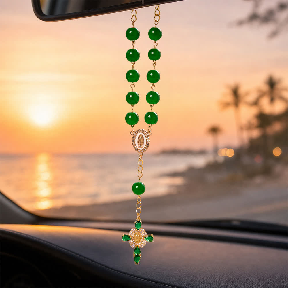 FREE Today: Multi-Color Stained Glass Pocket Car Rosary With Jeweled Our Lady of Guadalupe Cross - Green - image 12