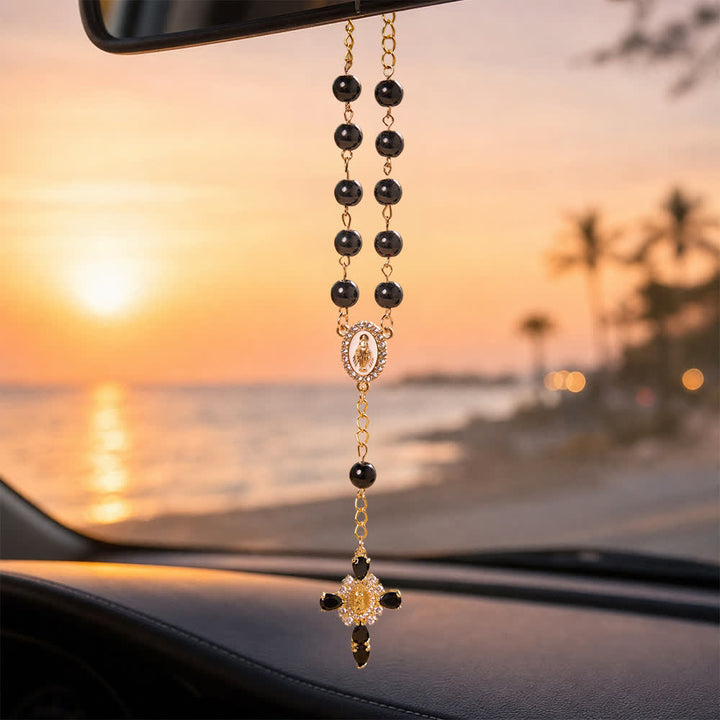 Christianartworkshop Multi-Color Stained Glass Pocket Car Rosary With Jeweled Our Lady of Guadalupe Cross - Black - image 6