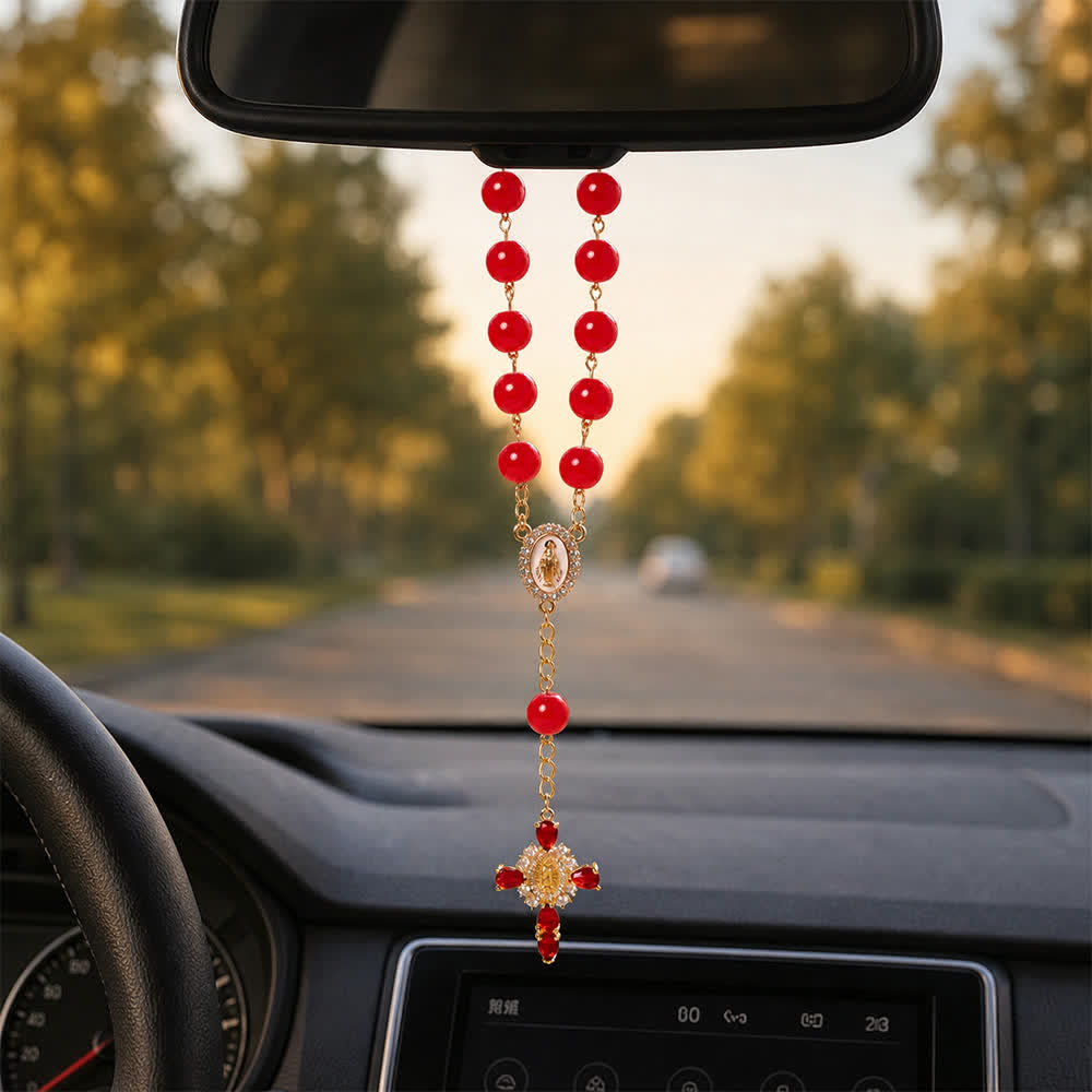 Christianartworkshop Multi-Color Stained Glass Pocket Car Rosary With Jeweled Our Lady of Guadalupe Cross - image 2
