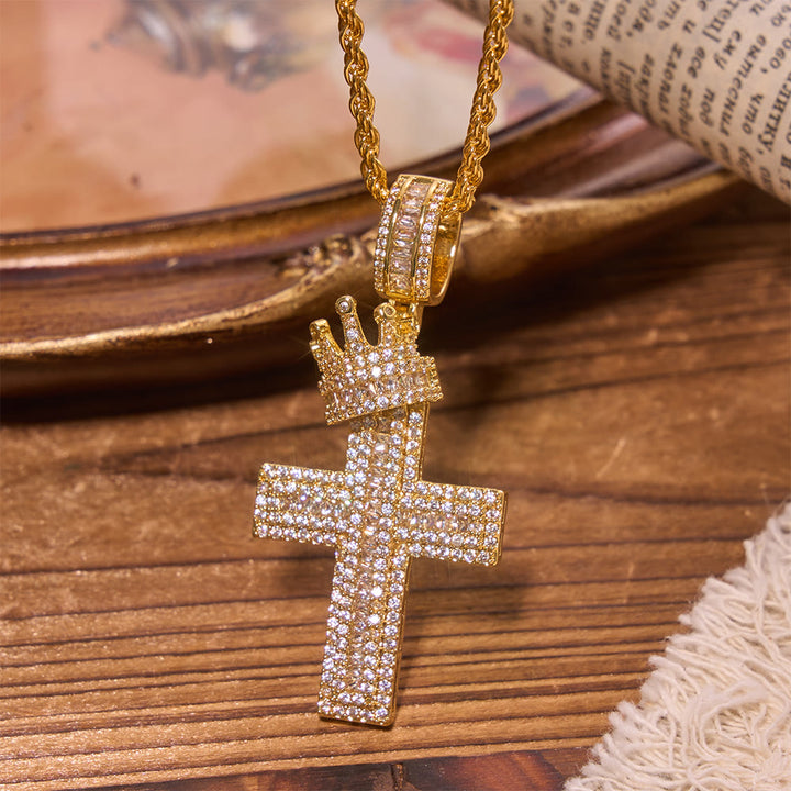 Christianartworkshop Iced Out Crown Top Cross Pendant Necklace: Emblem of Heavenly Sovereign Blessing - Golden - image 0