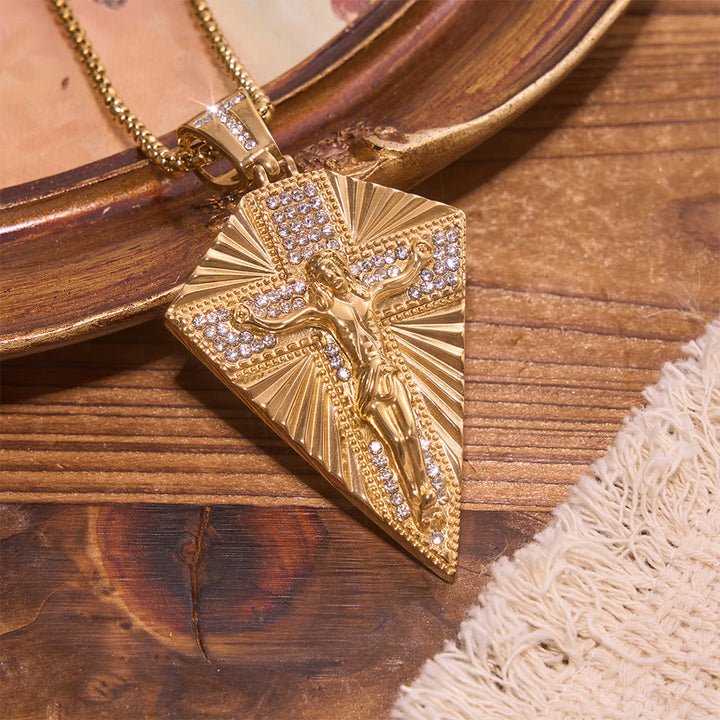 Christianartworkshop Radiant Sunburst Diamond Crucifix Pendant Necklace: Emblem of Redemptive Heavenly Light - image 1