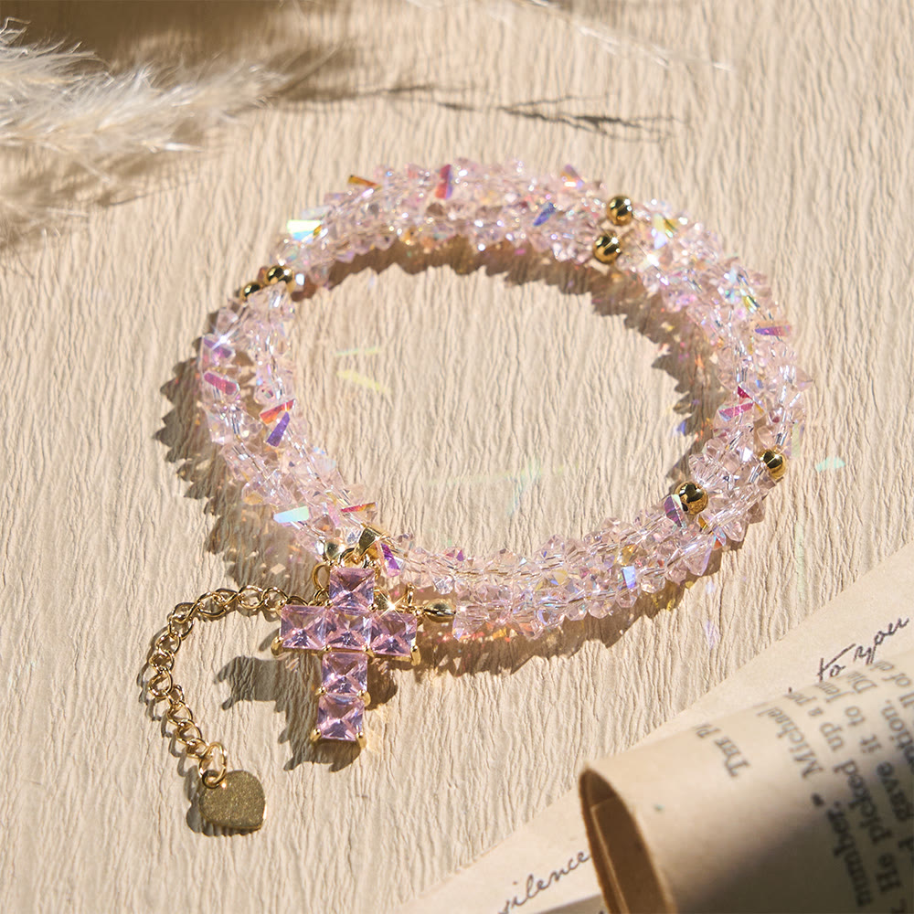 Christianartworkshop Faceted Crystal Bead Cross Charm Bracelet: Emblem of Sparkling Heavenly Blessing - Pink - image 0