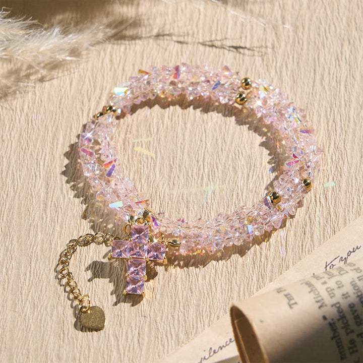 FREE Today: Faceted Crystal Bead Cross Charm Bracelet: Emblem of Sparkling Heavenly Blessing - Pink - image 0