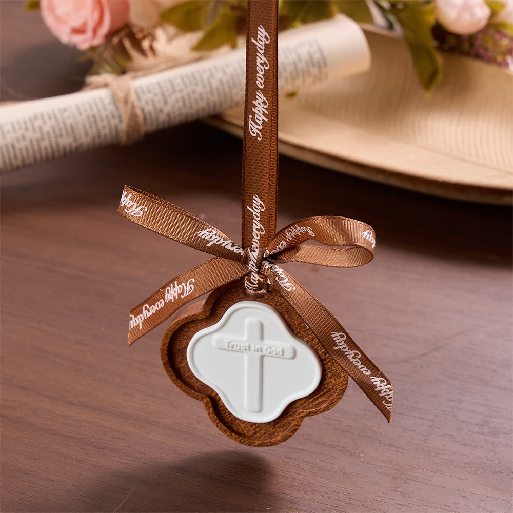 Christianartworkshop Four-Leaf Wooden Cross Car Pendant With Embossed Lettering: Emblem of Steadfast Heavenly Confidence - image 1