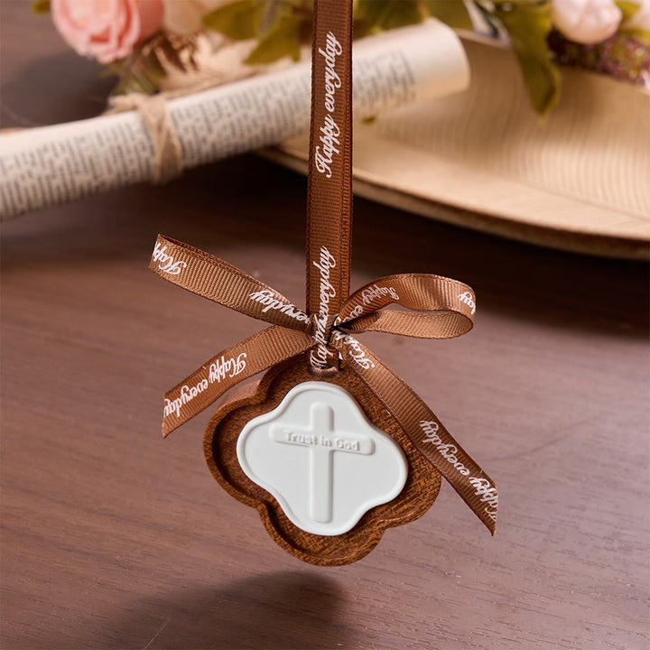 Christianartworkshop Four-Leaf Wooden Cross Car Pendant With Embossed Lettering: Emblem of Steadfast Heavenly Confidence - image 1