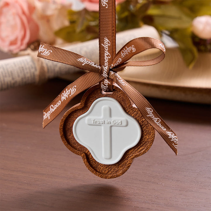 Christianartworkshop Four-Leaf Wooden Cross Car Pendant With Embossed Lettering: Emblem of Steadfast Heavenly Confidence - Cross - image 0
