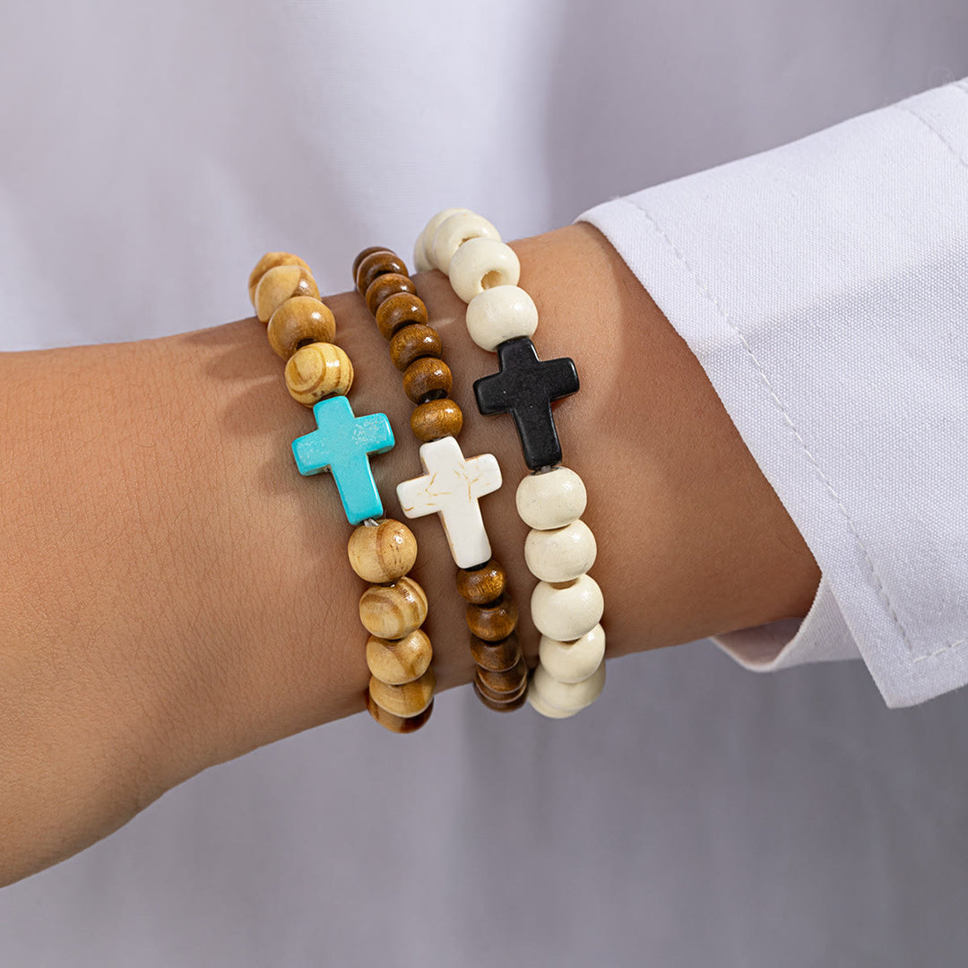 Christianartworkshop Natural Wooden Bead Cross Stretch Bracelet: Emblem of Stable Heavenly Shelter - image 2
