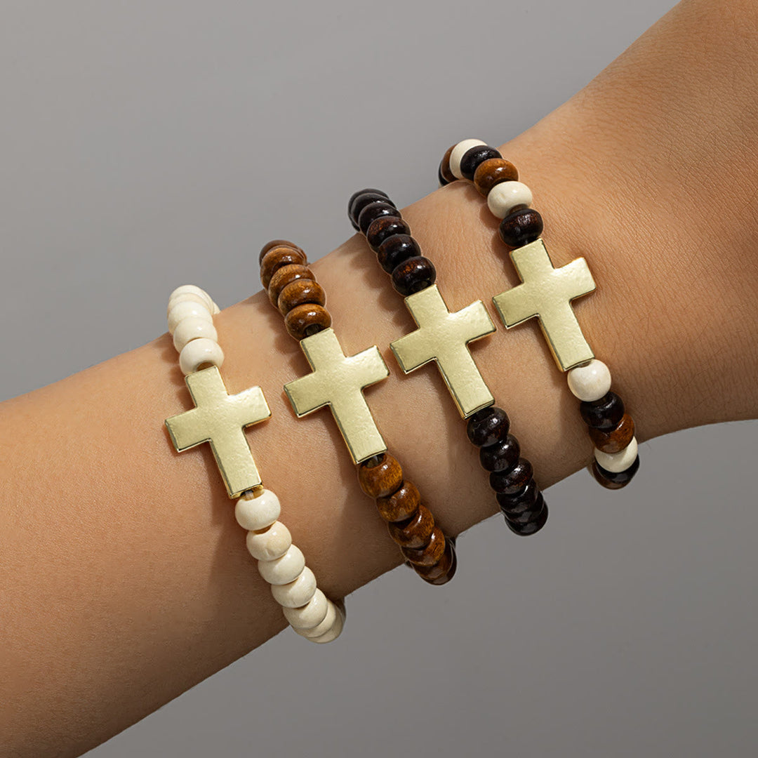 Christianartworkshop Natural Wooden Bead Cross Stretch Bracelet: Emblem of Stable Heavenly Shelter - Beige - image 5