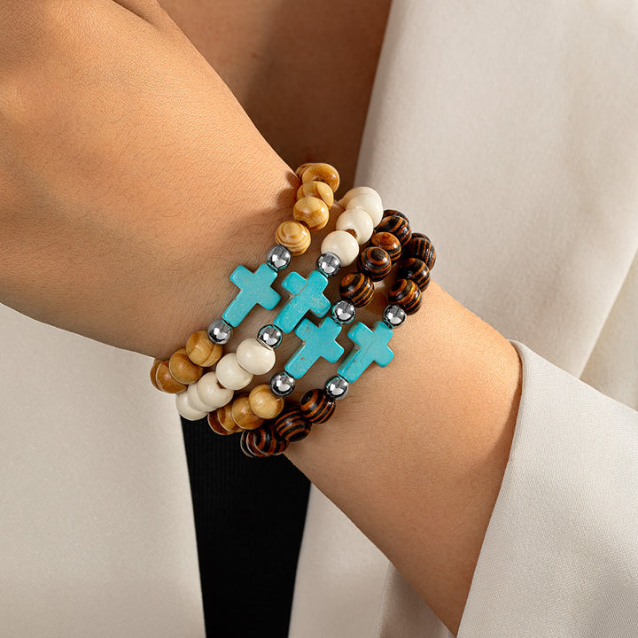 Christianartworkshop Natural Wooden Bead Cross Stretch Bracelet: Emblem of Stable Heavenly Shelter - Blue - image 0