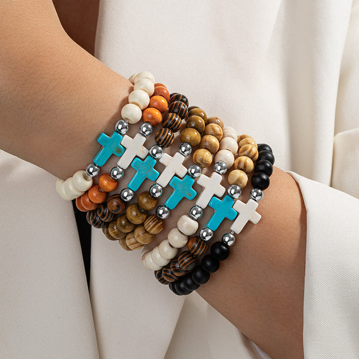 Christianartworkshop Natural Wooden Bead Cross Stretch Bracelet: Emblem of Stable Heavenly Shelter - image 1