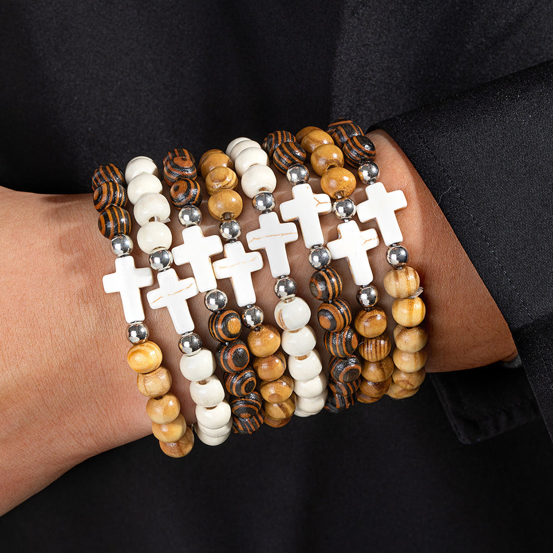 Christianartworkshop Natural Wooden Bead Cross Stretch Bracelet: Emblem of Stable Heavenly Shelter - White - image 3