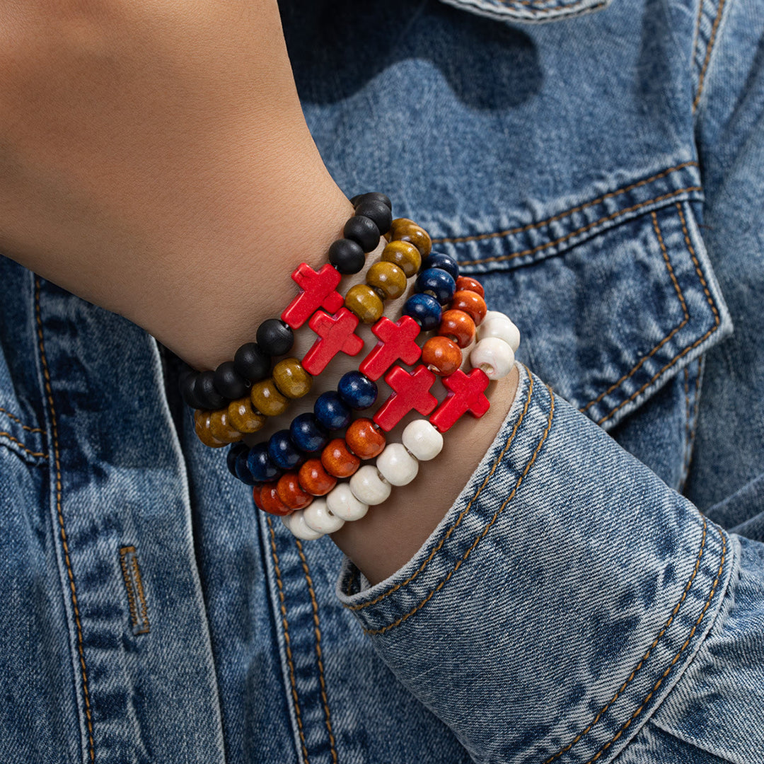 Christianartworkshop Natural Wooden Bead Cross Stretch Bracelet: Emblem of Stable Heavenly Shelter - Red - image 7