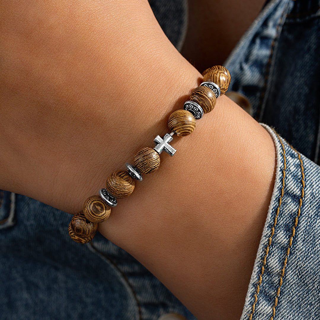 Christianartworkshop Natural Wooden Bead Cross Stretch Bracelet: Emblem of Stable Heavenly Shelter - Silver - image 9