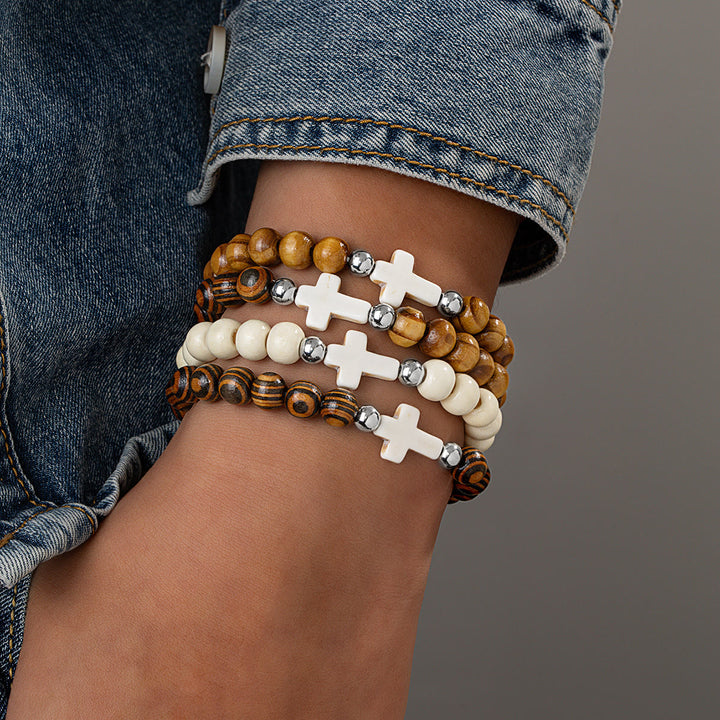 Christianartworkshop Natural Wooden Bead Cross Stretch Bracelet: Emblem of Stable Heavenly Shelter - image 4