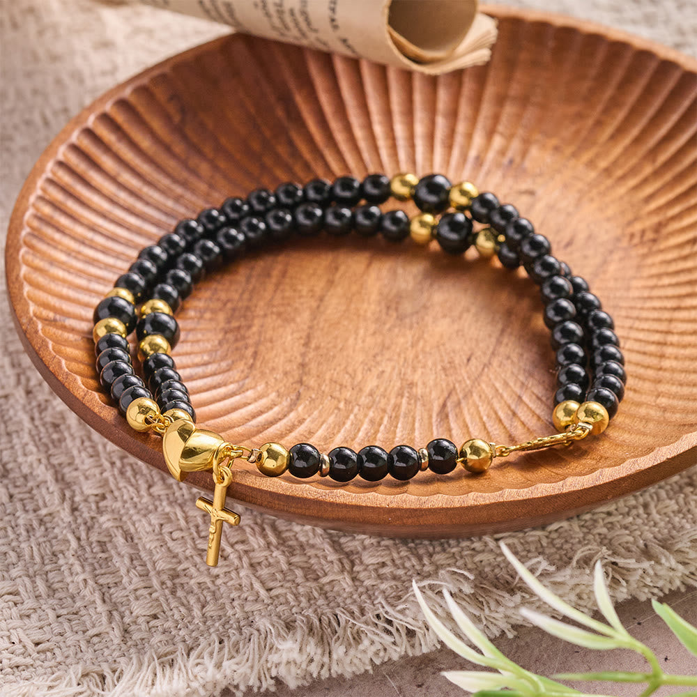 Christianartworkshop Round Bead Wrap Bracelet With Cross & Holy Medal: Emblem of Pure Heavenly Mercy - Black - image 4