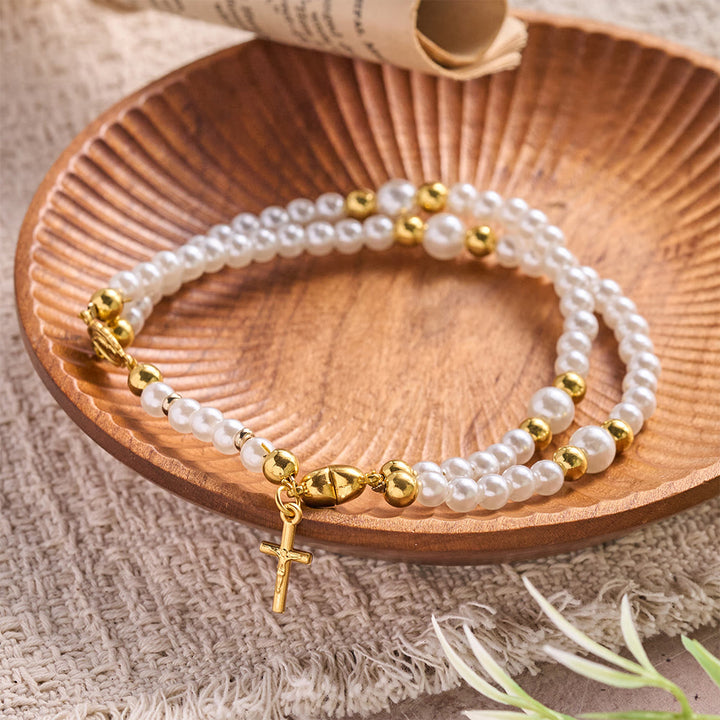 Christianartworkshop Round Bead Wrap Bracelet With Cross & Holy Medal: Emblem of Pure Heavenly Mercy - White - image 1