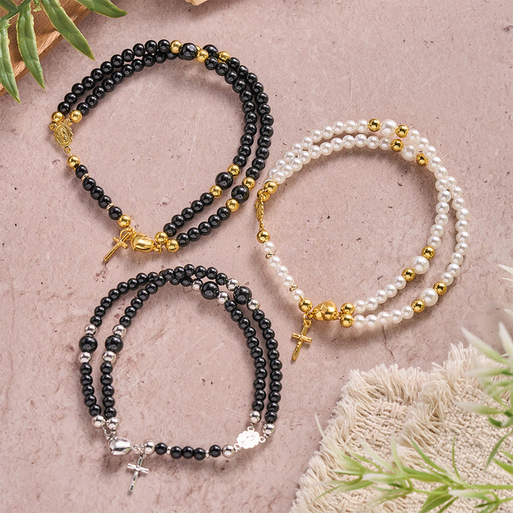 Christianartworkshop Round Bead Wrap Bracelet With Cross & Holy Medal: Emblem of Pure Heavenly Mercy - image 0