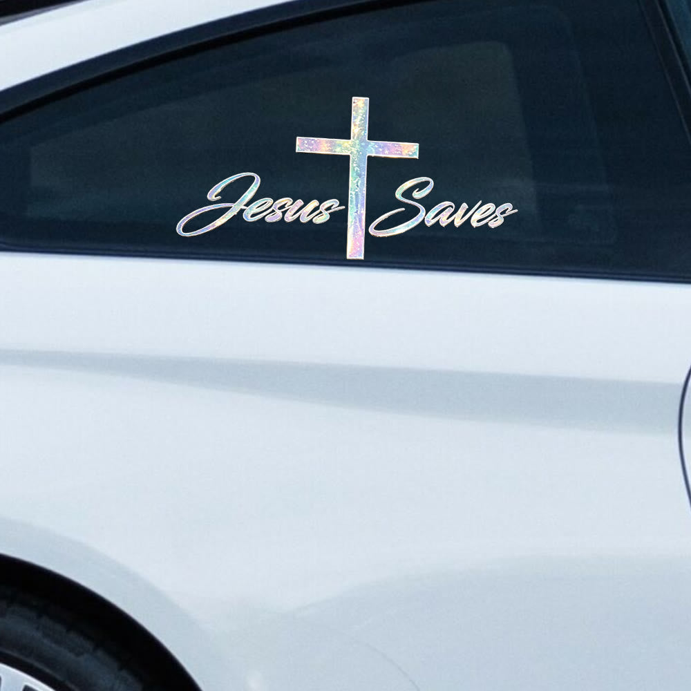 Christianartworkshop Holographic Jesus Saves Cross Car Sticker: Emblem of Radiant Heavenly Redemption - Set of 10 - image 0