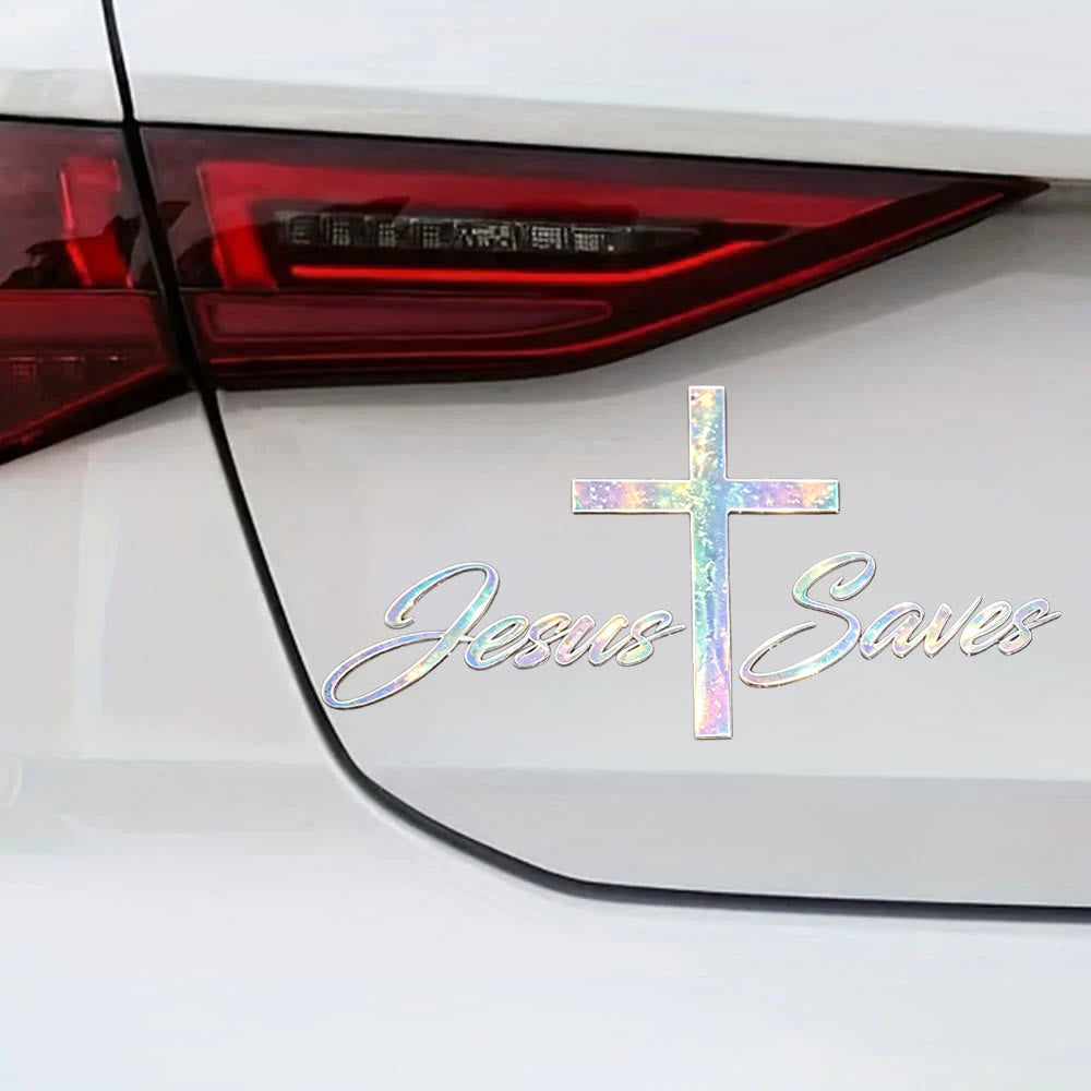 Christianartworkshop Holographic Jesus Saves Cross Car Sticker: Emblem of Radiant Heavenly Redemption - image 1