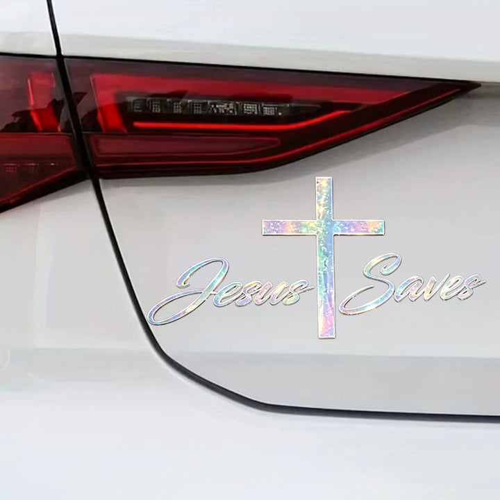 Christianartworkshop Holographic Jesus Saves Cross Car Sticker: Emblem of Radiant Heavenly Redemption - image 1