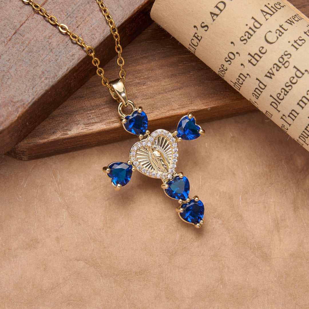 Christianartworkshop Heart Gem Virgin Mary Cross Pendant Necklace: Emblem of Tender Heavenly Blessing - Dark Blue - image 4