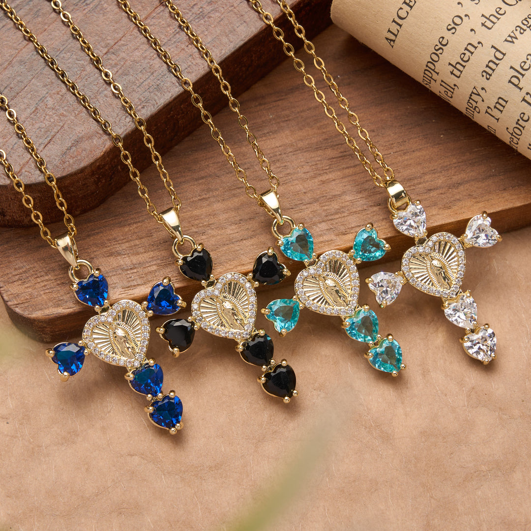 Christianartworkshop Heart Gem Virgin Mary Cross Pendant Necklace: Emblem of Tender Heavenly Blessing - image 0